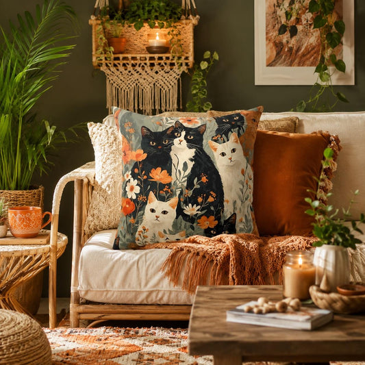 Vintage Floral Cats Faux Suede Square Pillow | Orange Black White Cat Illustration