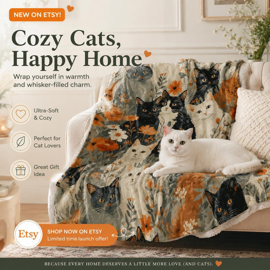 Vintage Cat Flannel Throw Blanket, USA Made, Cozy Feline Home Décor