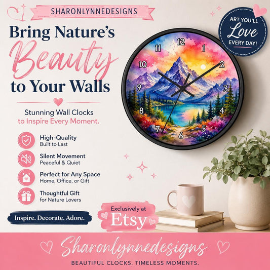 Colorful Mountain Lake Watercolor Landscape Silent Wall Clock - Nature Scenic Decor