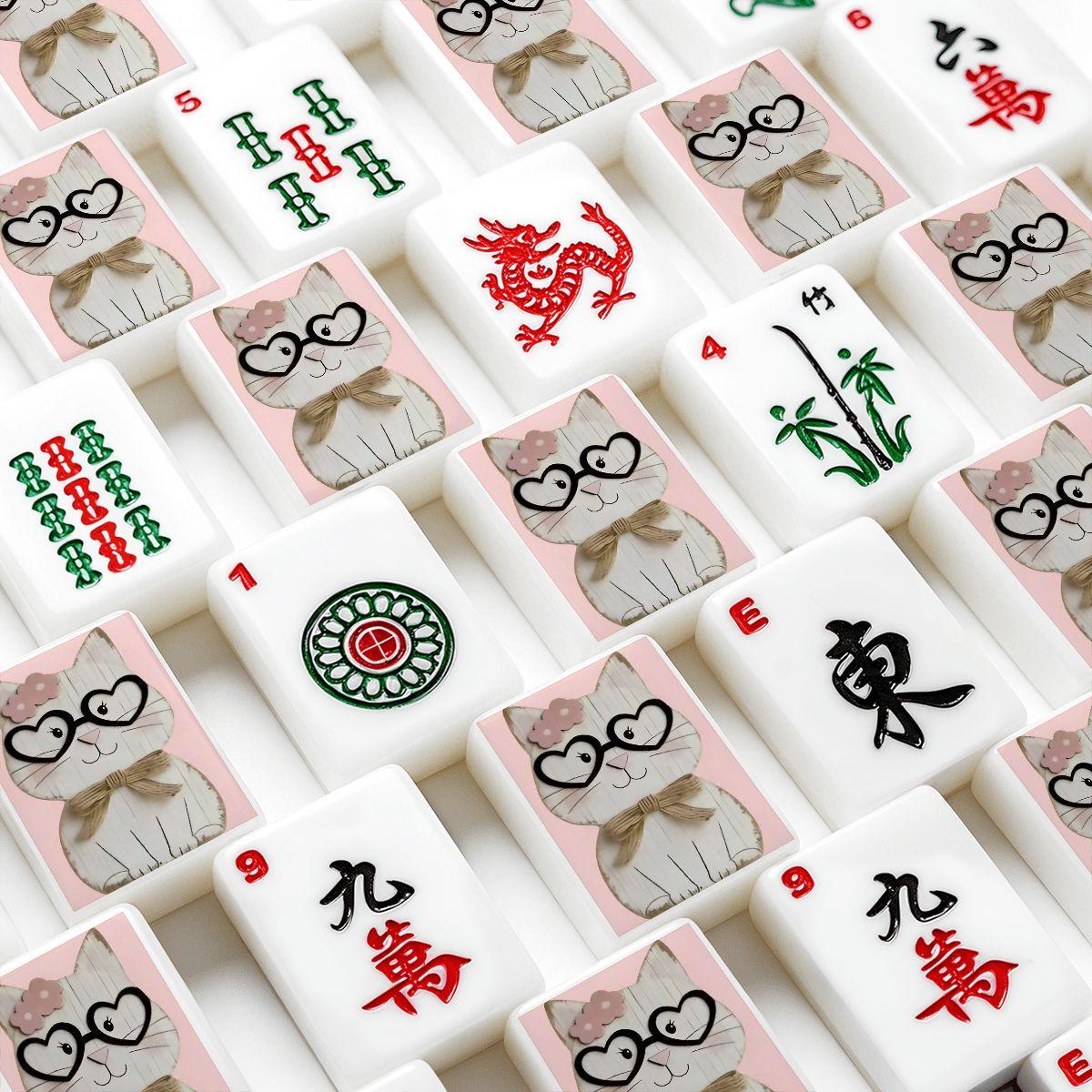 Kitty Mahjong Tiles Set - Feline Strategy Game Collection Traditional Tabletop Gaming Gift