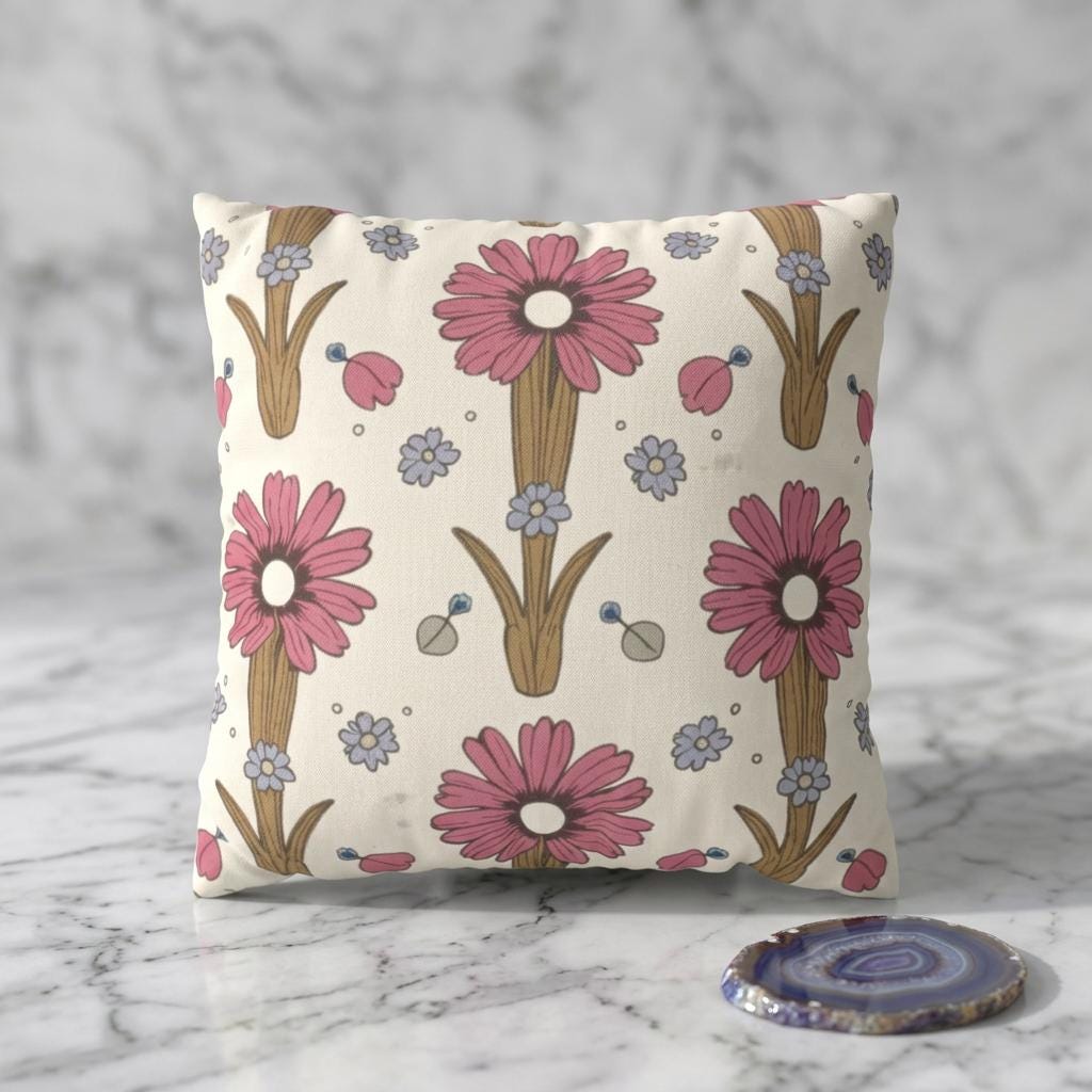 Pink Daisy Floral Faux Suede Square Pillowcase