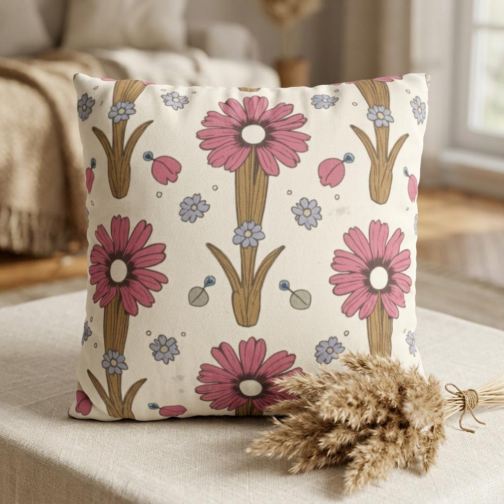 Pink Daisy Floral Faux Suede Square Pillowcase
