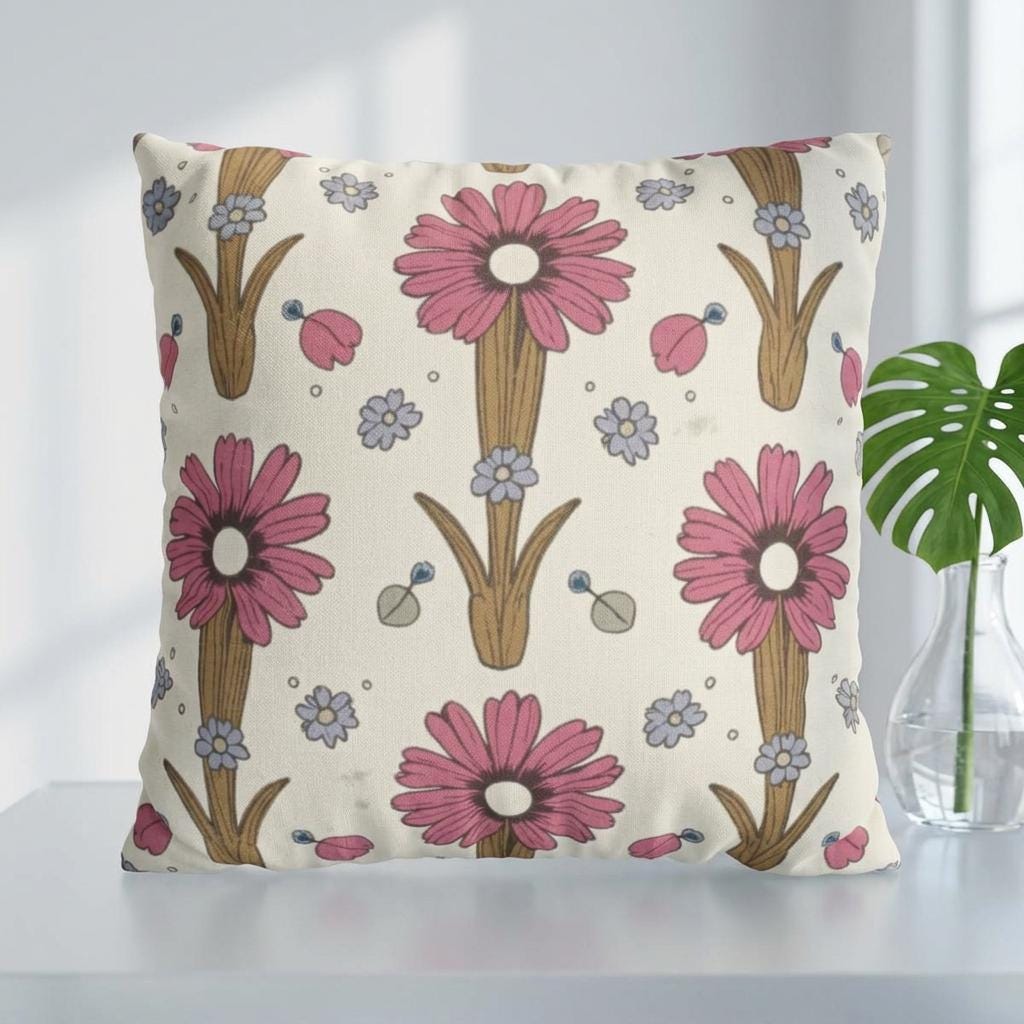 Pink Daisy Floral Faux Suede Square Pillowcase