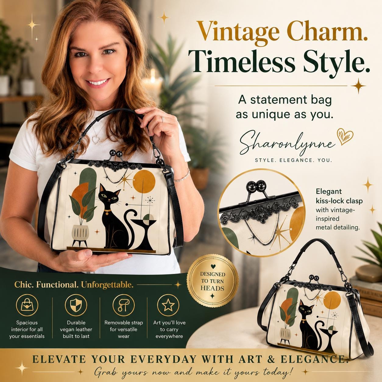 Mid-Century Cat Kiss Lock Purse Kisslock Crossbody Shoulder Bag