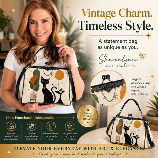 Mid-Century Cat Kiss Lock Purse Kisslock Crossbody Shoulder Bag