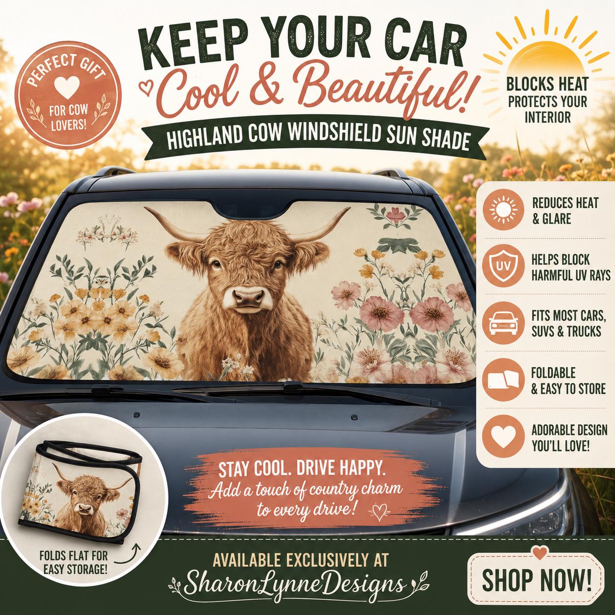 Highland Cow Windshield Sun Shade: Vehicle Cooling Protection for Car & SUV