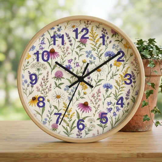 Wildflower Botanical Wall Clock | Floral Cottagecore Home Decor, Rustic Farmhouse Kitchen Gift