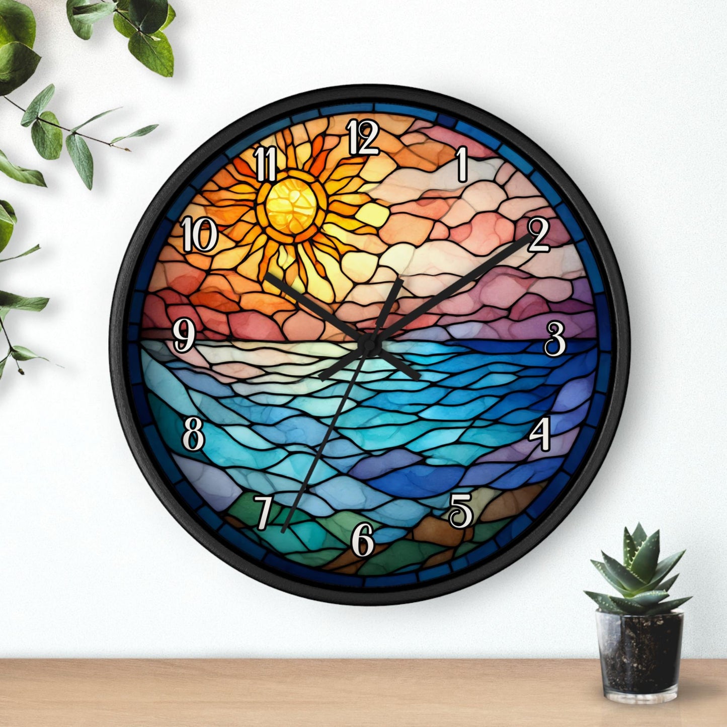 Stained Glass Sunrise Wall Clock | Ocean Waves Sun Mosaic