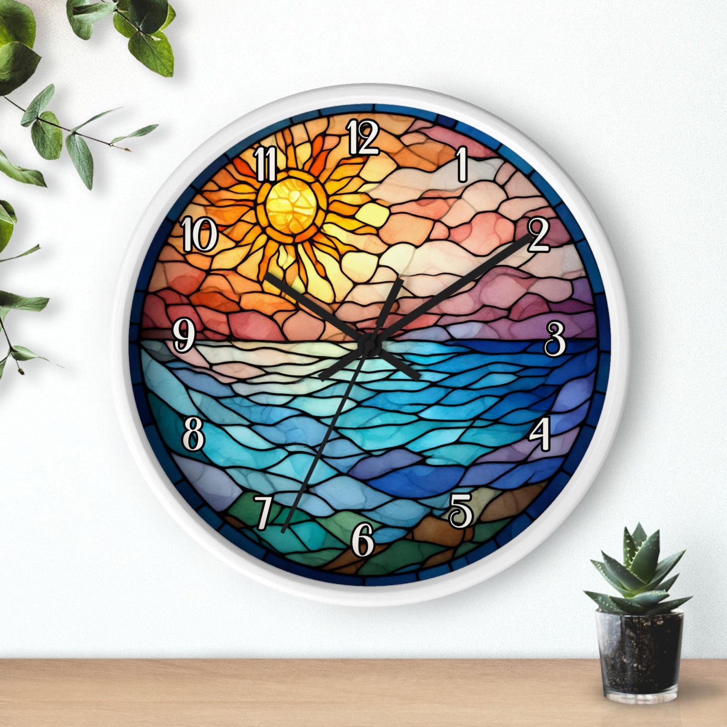 Stained Glass Sunrise Wall Clock | Ocean Waves Sun Mosaic