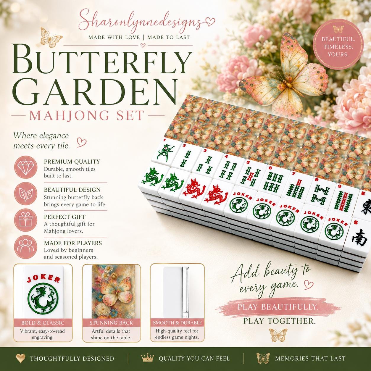 Butterfly Garden Mahjong Set | Acrylic Tiles, Floral Design, American Mahjong Game