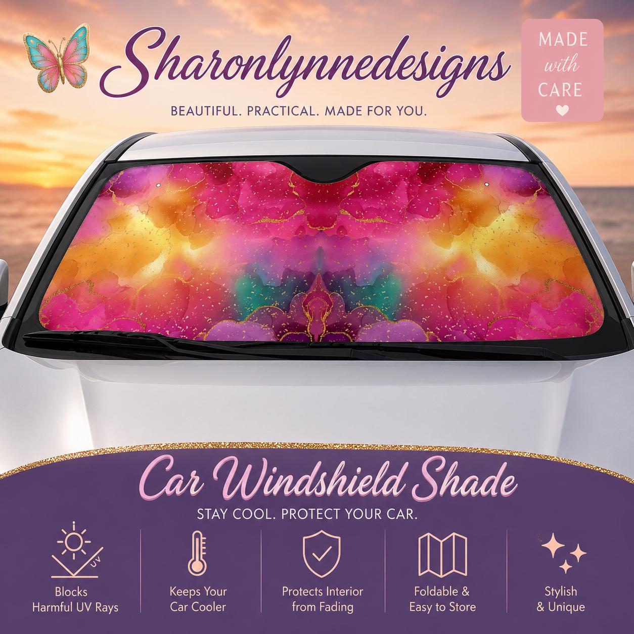 Bright Pink Car Windshield Sun Shade, Heat Insulation, UV Protection (S/M Sizes)
