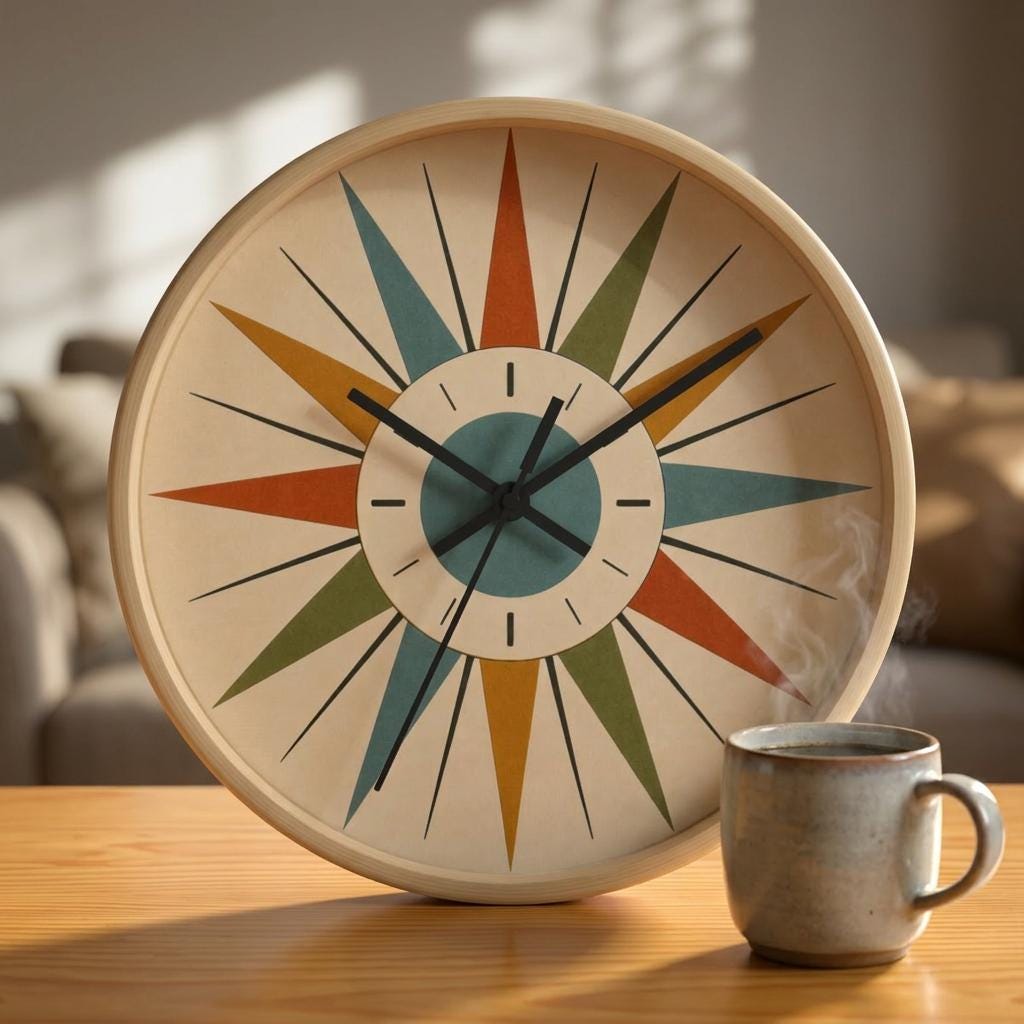 Mid Century Starburst Wood Clock | Retro Atomic Wall Decor