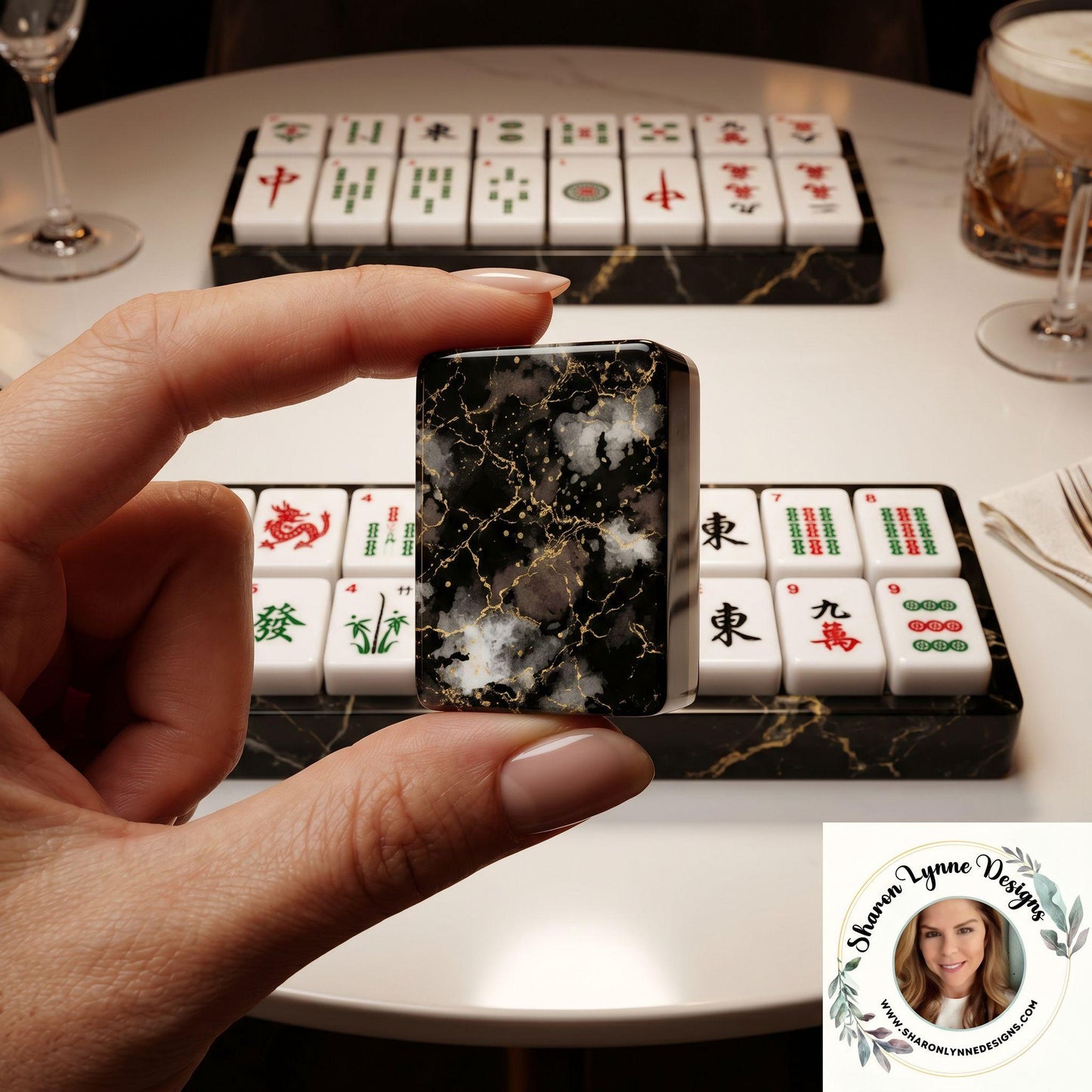 Mahjong Tile Set, Black Gold Marble Acrylic Game with Stone-Look Finish