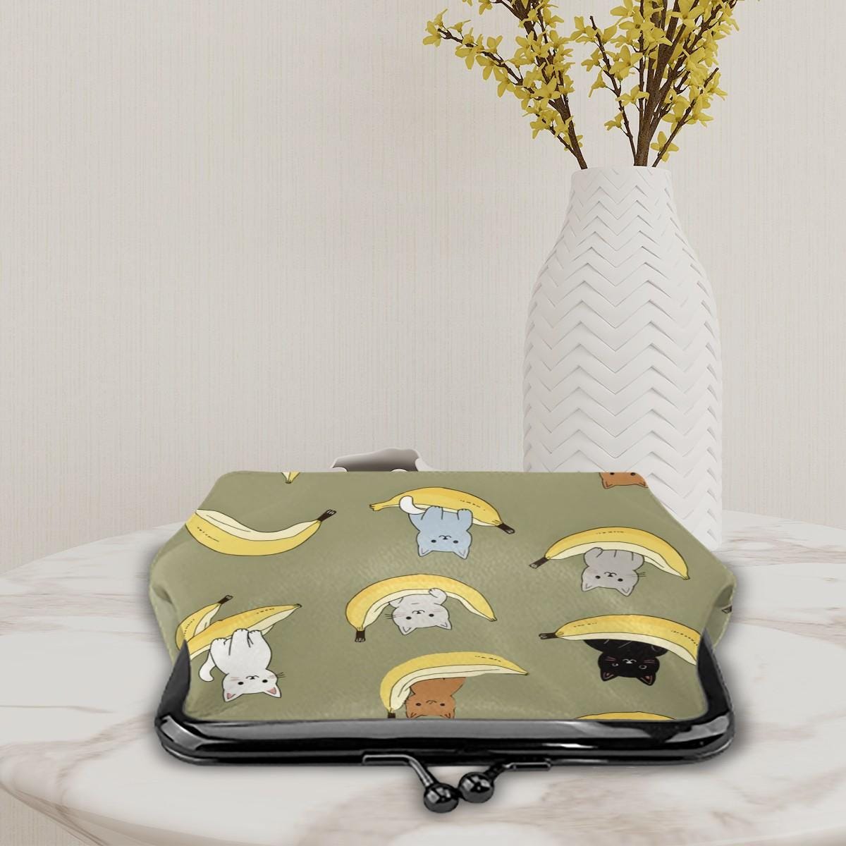 Banana Cats Faux Leather Kiss Lock Coin Purse - Green Kitty Change Wallet Small Pouch