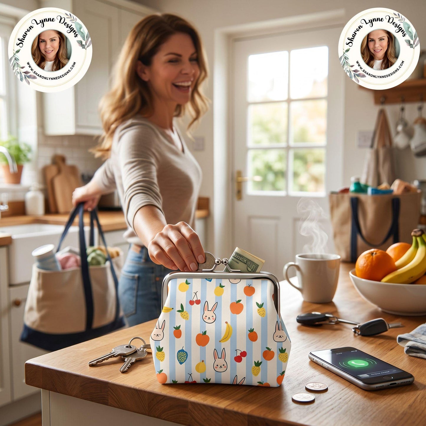 Bunny Coin Purse with Fruit Print, Faux Leather Change Pouch