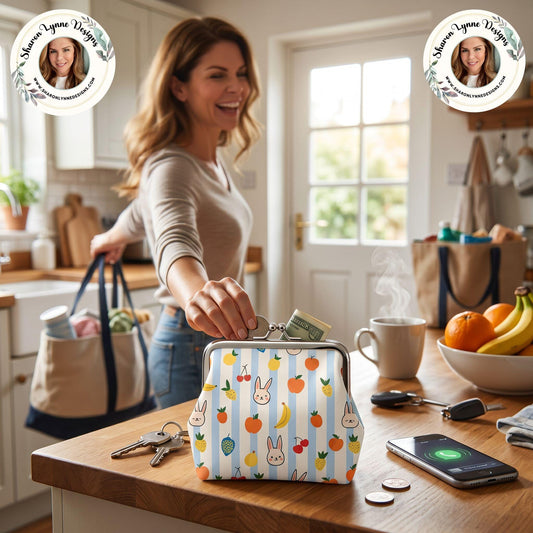 Bunny Coin Purse with Fruit Print, Faux Leather Change Pouch