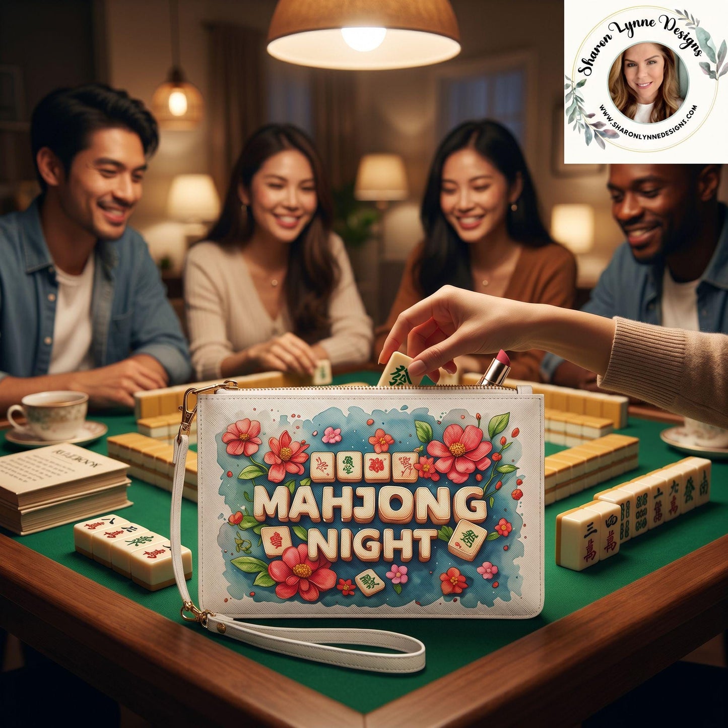 Floral Mahjong Tiles Clutch Bag | Game Night Wristlet