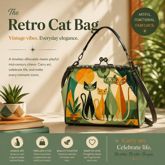 Mid-century kitty bag, Kiss lock Crossbody Shoulder Purse