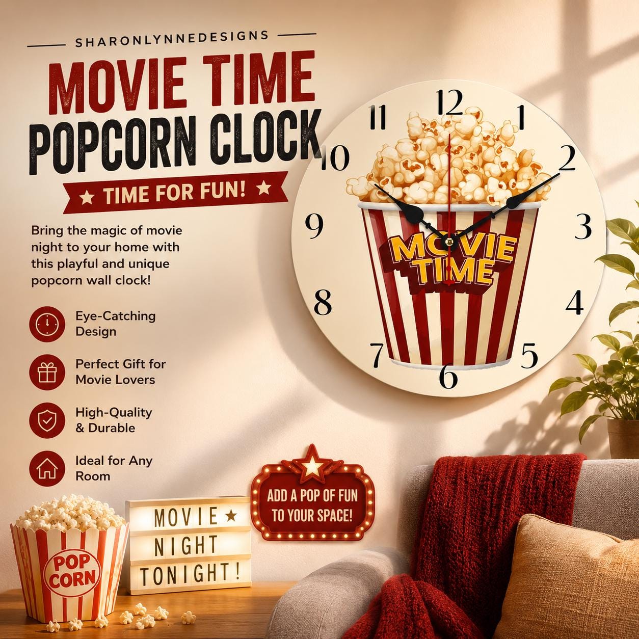 Popcorn Wall Clock for Cinema Lovers - Red Movie Night Decor without Numbers