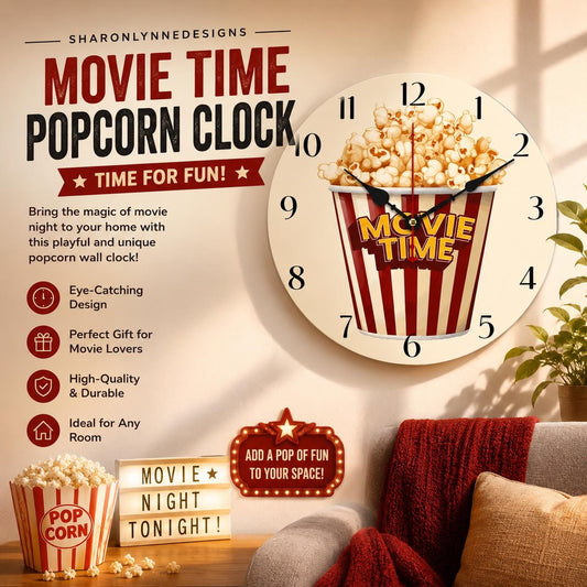 Popcorn Wall Clock for Cinema Lovers - Red Movie Night Decor without Numbers