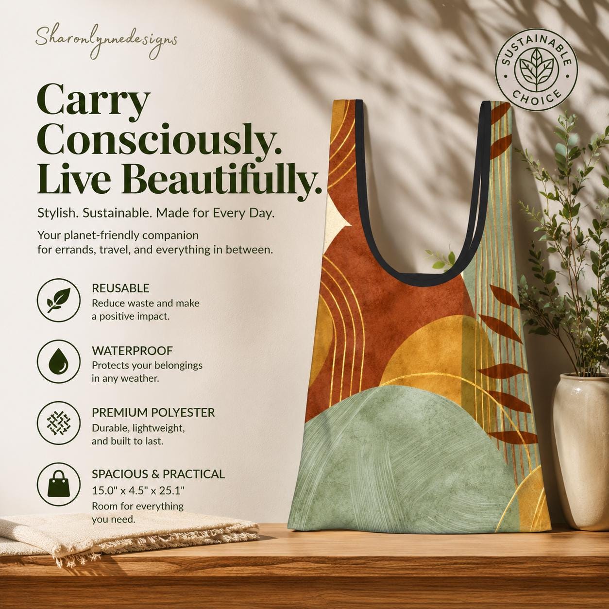 Artful Folding Reusable Shopping Bags, Eco-Friendly Market Bag