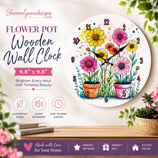 Flower Pot Wooden Wall Clock 9.8" | Colorful Floral Home Decor | Bedroom & Living Room