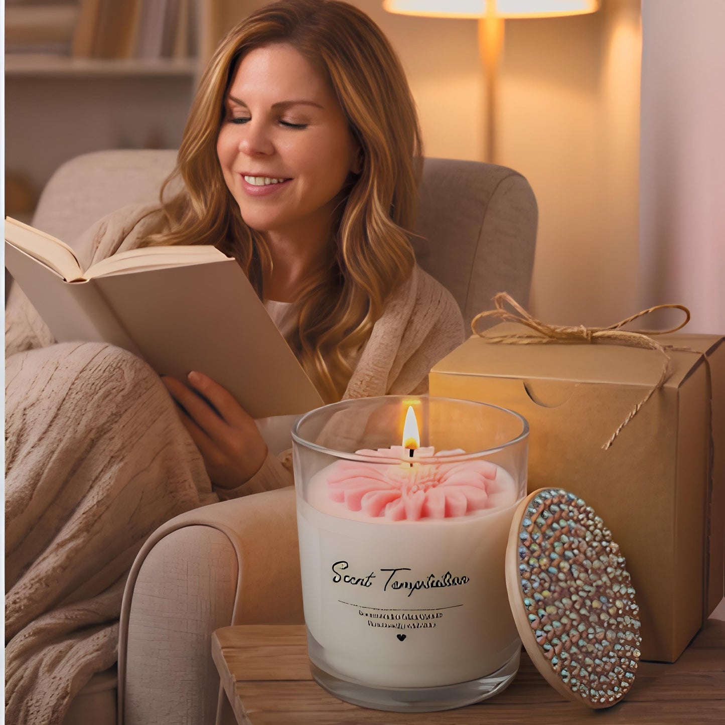 Hand-Poured Soy Candle with Rhinestone Lid – Peach Scented Floral Home Decor