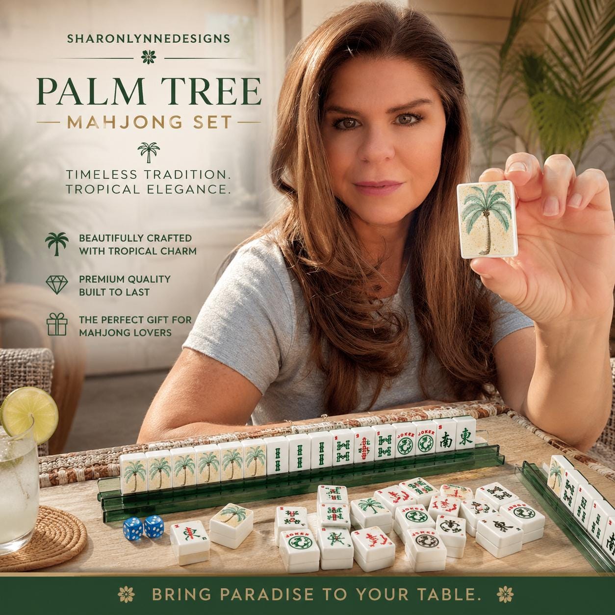 Palm Tree Mahjong Tiles Set: Acrylic American Mahjong Game (166 Pieces)