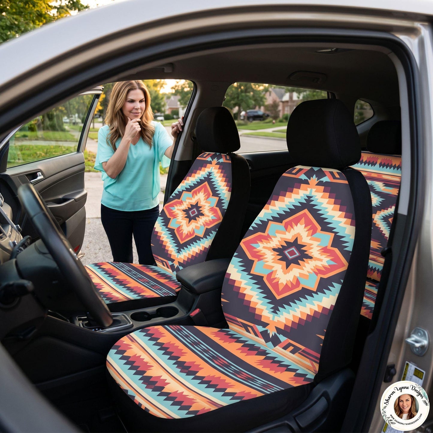 Native Pattern Car Seat Covers Polyester Spandex Blend Front Rear Full Set Universal Fit