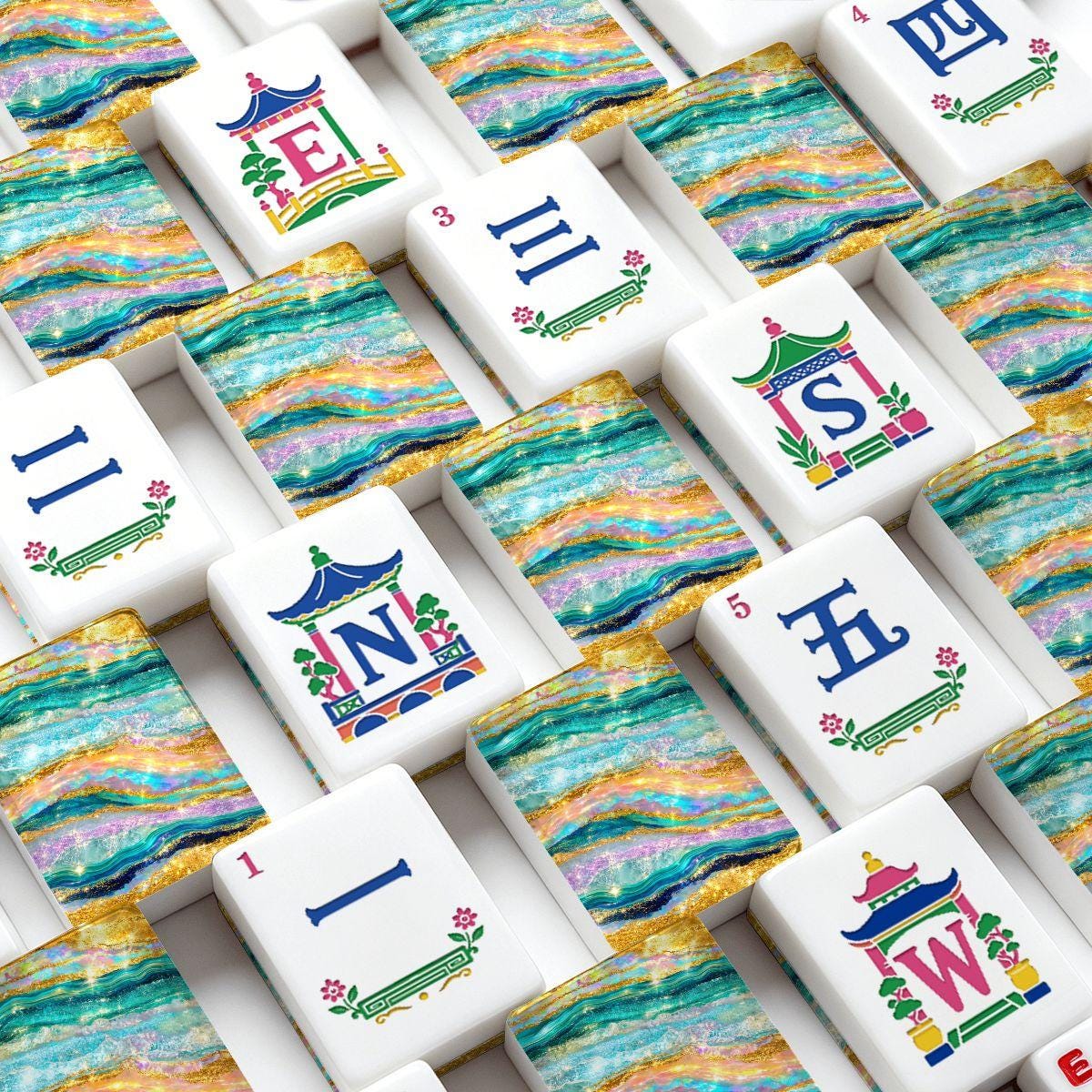 Turquoise Tide American Mahjong Tiles (Traditional Porcelain Style)
