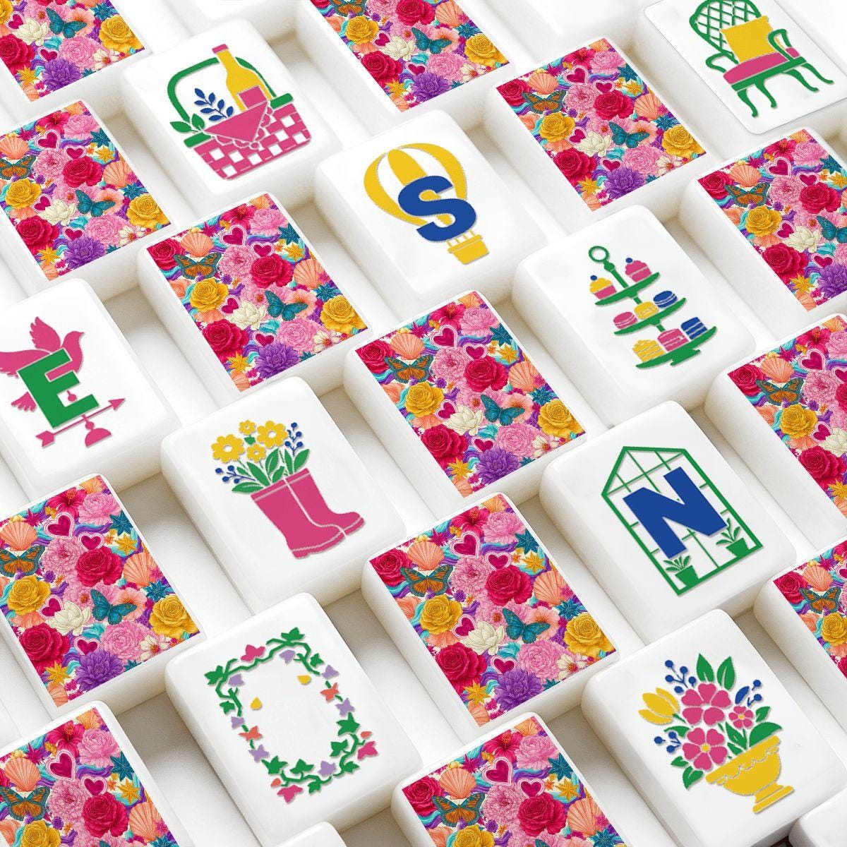 Flowers Mahjong Tiles Set, Floral Garden Style, Acrylic 160-Piece Bright Design