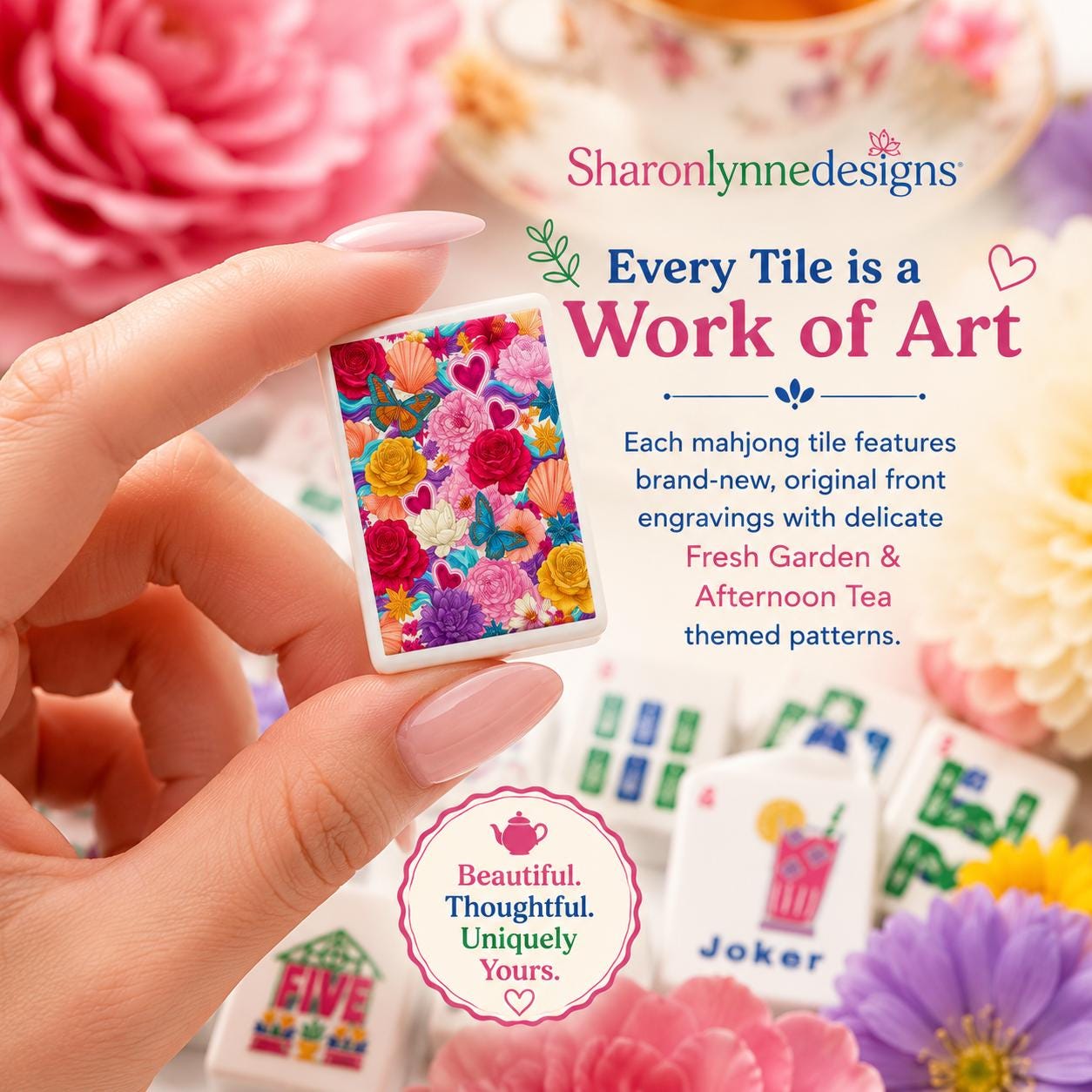Flowers Mahjong Tiles Set, Floral Garden Style, Acrylic 160-Piece Bright Design