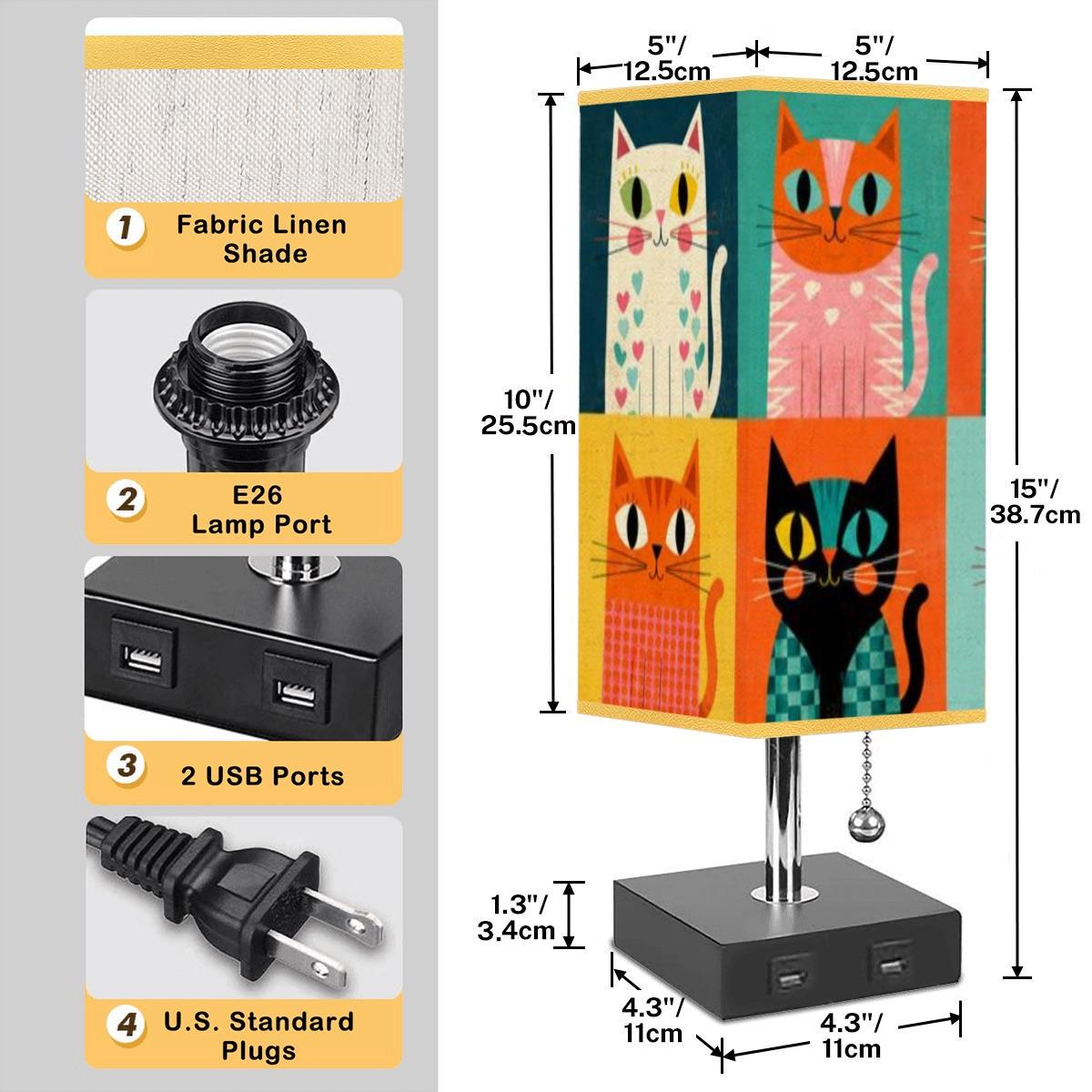Retro Cat Square Table Lamp with Gold Edged Shade, UV Print, USB Ports