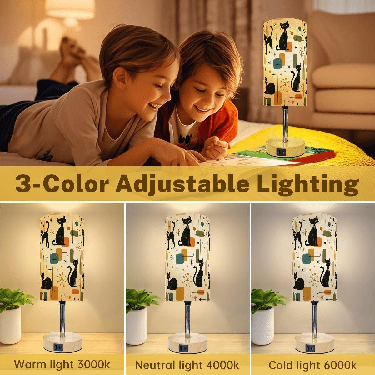 Retro Cat Touch Bedside Table Lamp with USB Charging Port - Modern Night Light