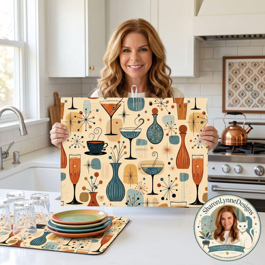 Retro Large Dish Drying Mat - Vintage Kitchen Counter Absorbent Microfiber Pad for Dishes