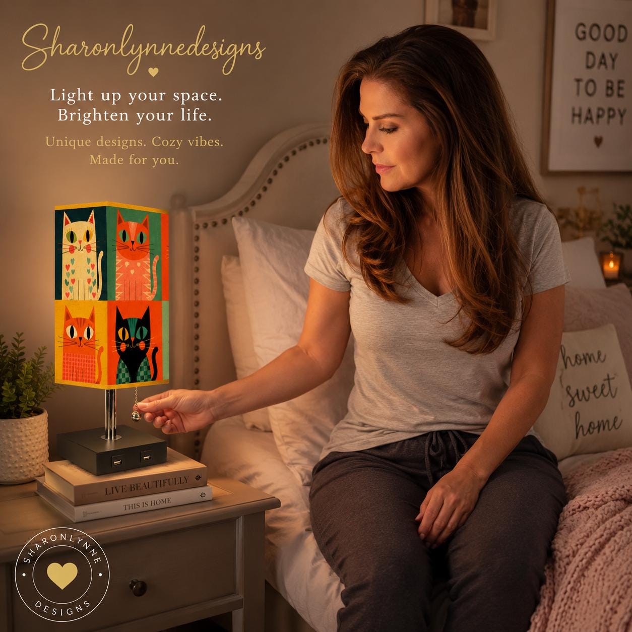 Retro Cat Square Table Lamp with Gold Edged Shade, UV Print, USB Ports
