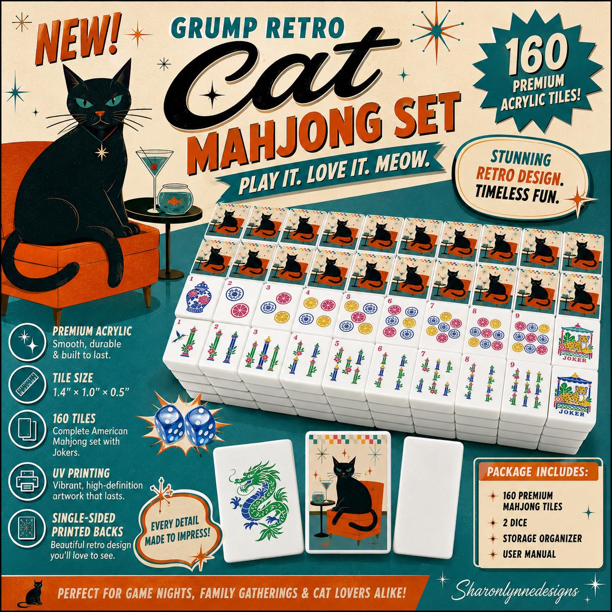 Grump Retro Cat Mahjong Tile Set 160 Acrylic Porcelain Style Traditional Game Pieces