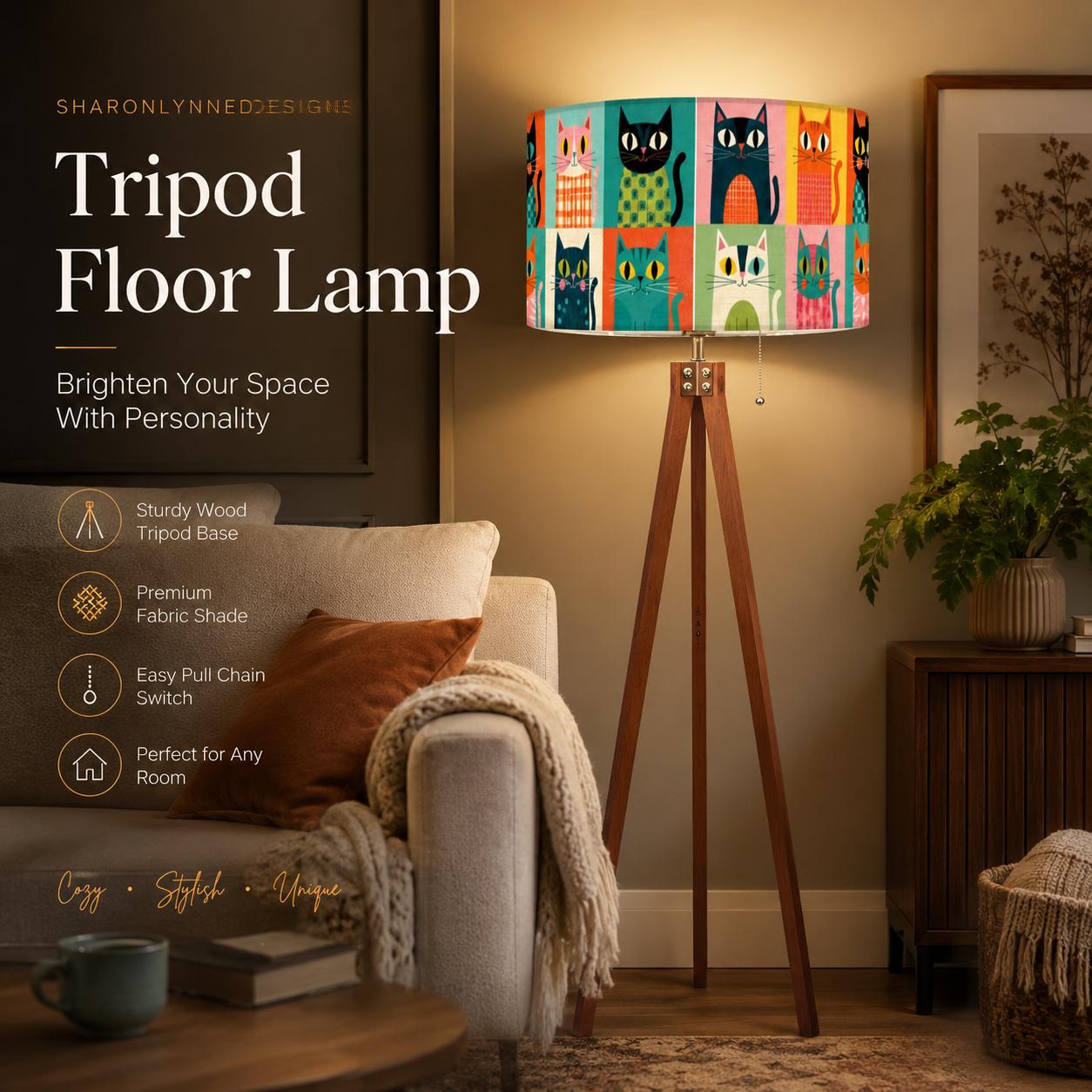 Retro Cat Tripod Floor Lamp, Mid Century Feline Decor, Whimsical Home Lighting, Made USA