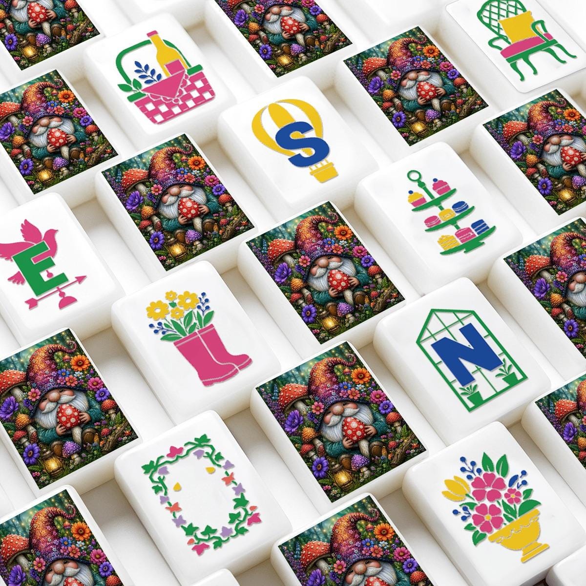 Gnome Mahjong Tiles Set | Floral Garden Style Acrylic Complete 160-Piece