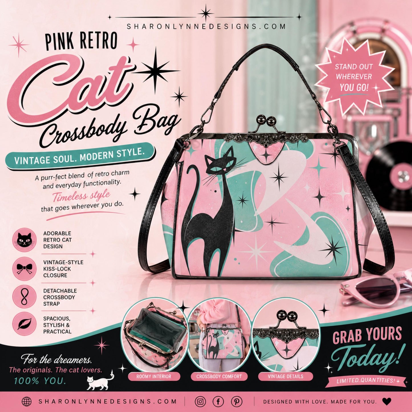 Pink Retro Cat Kiss Lock Crossbody Bag Vintage Style Purse Small Shoulder Handbag
