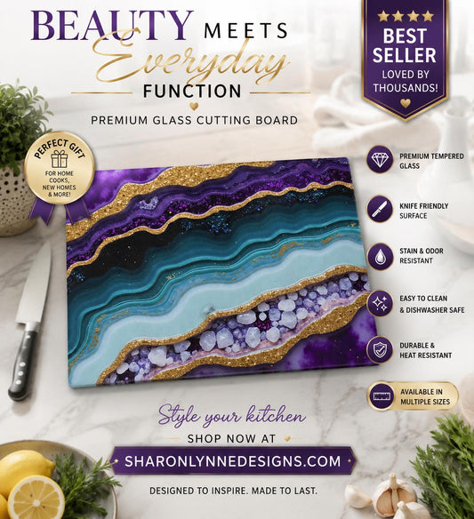 Purple Agate Geode Inspired Glass Cutting Board - Kitchen Serving Decor Gift