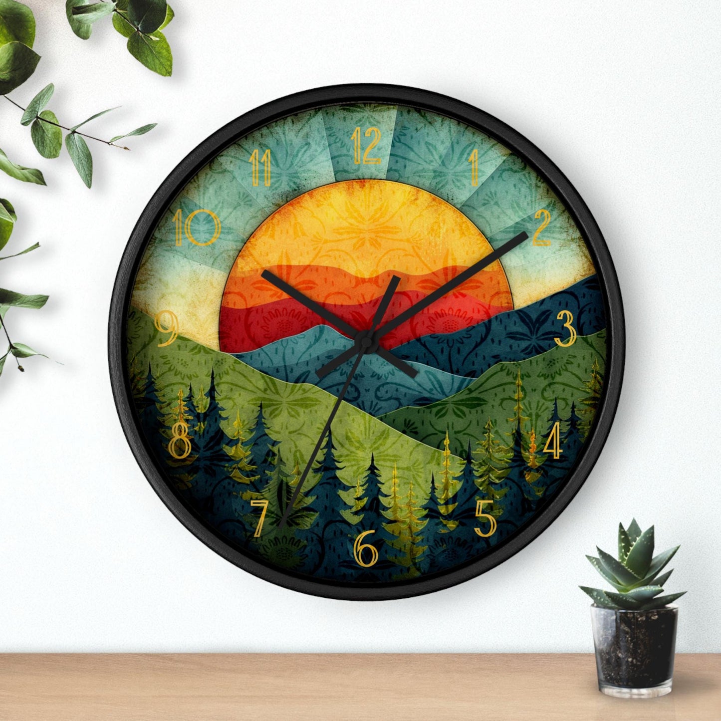 Sunset Mountain Wall Clock: Silent Wooden Home Decor