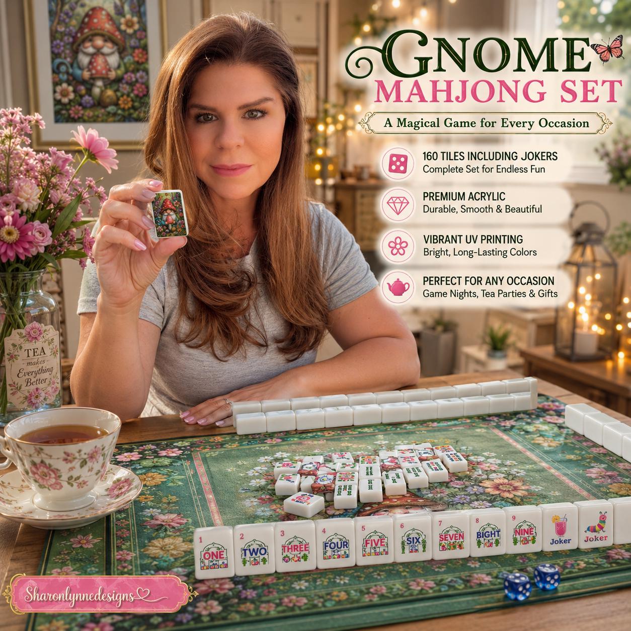 Gnome Mahjong Tiles Set | Floral Garden Style Acrylic Complete 160-Piece