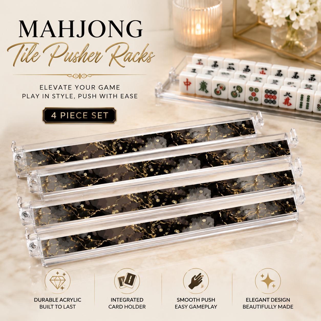 Black Gold Marble Mahjong Tile Pusher Racks – 4 Piece Acrylic Set