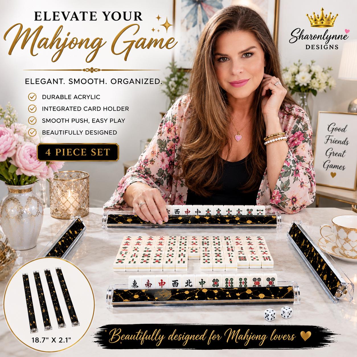 Black Gold Marble Mahjong Tile Pusher Racks – 4 Piece Acrylic Set