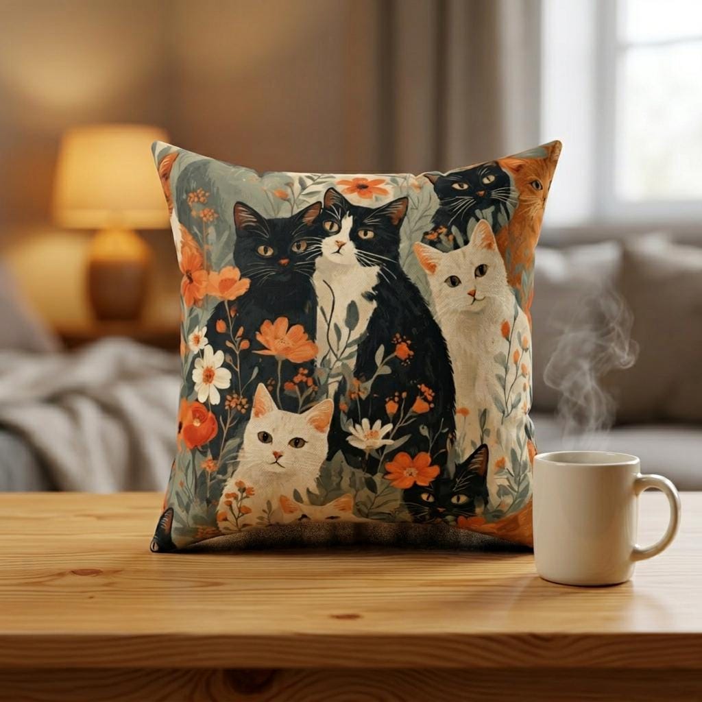 Vintage Floral Cats Faux Suede Square Pillow | Orange Black White Cat Illustration