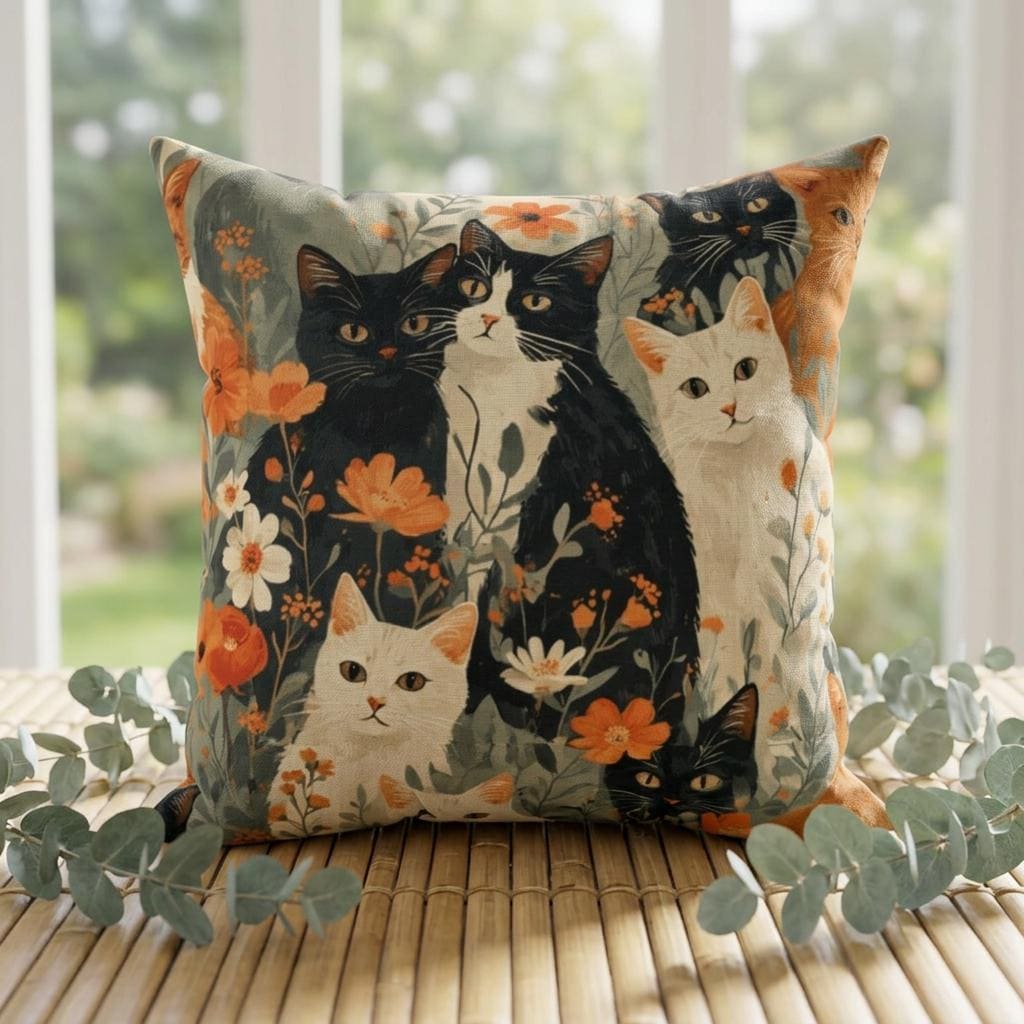 Vintage Floral Cats Faux Suede Square Pillow | Orange Black White Cat Illustration