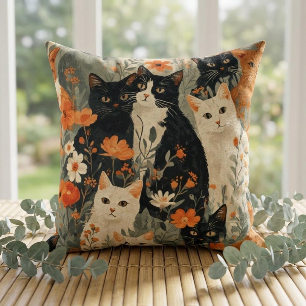 Vintage Floral Cats Faux Suede Square Pillow | Orange Black White Cat Illustration