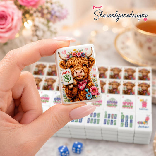 Highland Cow Mahjong Tiles Set, Floral Garden Style, Acrylic Game Pieces with Joker Tiles