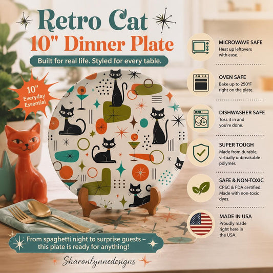 Mid-Century Cat Plates | 10-Inch Unbreakable Dinnerware for Kitty Lovers, Vintage Style
